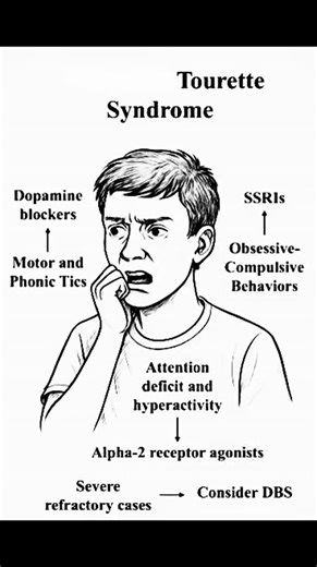 RK Medicos HUB on Instagram: "Tourette Syndrome (TS) is a nervous system disorder characterized by sudden, involuntary, and repetitive motor and vocal tics, usually beginning between ages 5 and 10. While there is no cure, symptoms often improve in the late teens . It is likely caused by inherited genetic factors and environmental influences, with a higher prevalence in boys. Treatment focuses on symptom management through behavioral therapy (e.g., CBIT) and medication. Symptoms of Tourette Syndr