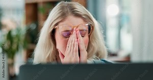 Stress, laptop and woman in home, remote work and mistake on deadline of ebook, editing and apartment. House, computer and girl with burnout, employee and ghostwriter with fail of project for person Stock Video