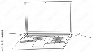 Self-drawing a laptop in one line on a white background. A device with a blank screen for remote work. Animation drawing a contour PC. 4k stock video with alpha channel for whiteboard, chalkboard.