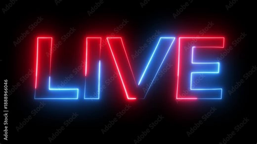 LIVE text icon animation glowing neon red and blue color game sport show font letter word banner sign clip art poster template signboard on black background