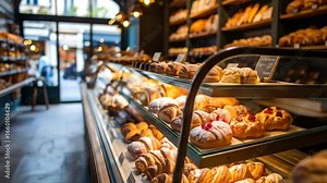 Bakery interior with pastries and bread.