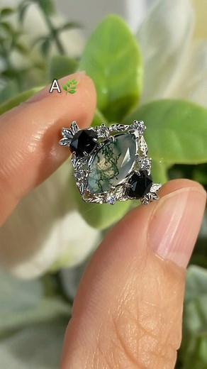 There’s something ethereal about the marquise cut — elongated, elegant, and full of quiet drama. Paired with moss agate’s one-of-a-kind patterns and our nature-inspired settings, each ring feels like a little spell cast in silver or gold. Which one would you say yes to? #natureinspiredjewelry #mossagatering #engagementrings #uniquering #engagementring #marquise #marquisering #marquisediamond | Azura Jewelry