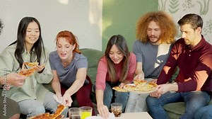 Multiracial group of happy friends eating pizza at home