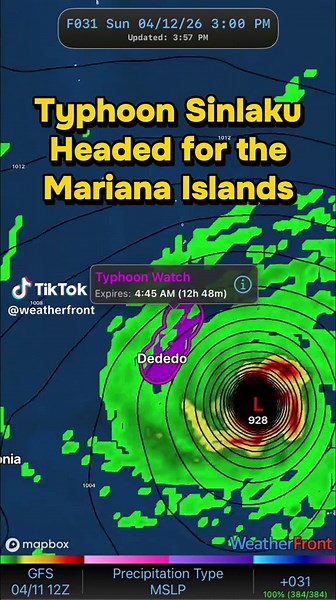 🌀Typhoon Sinlaku continues to intensify as it approaches the Mariana Islands, including Guam ⏱️Impacts will be felt as early as Monday morning local time 📈Category 3 or 4 strength is expected ⚠️NWS Guam has issued a Typhoon Watch #Sinlaku #typhoon #stormsurge #weather #fyp