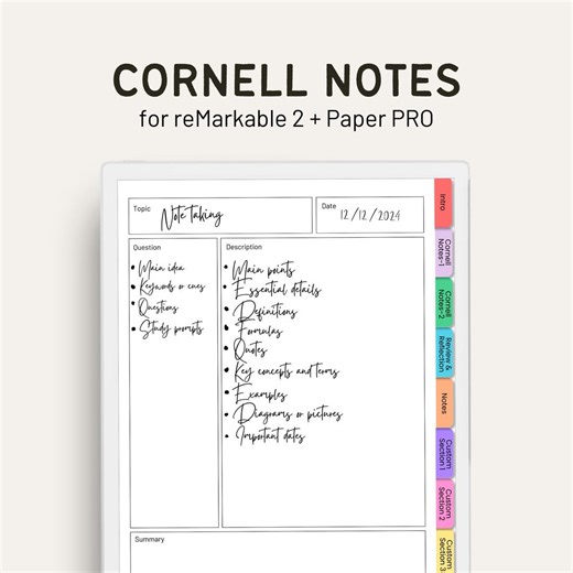 Cornell Notes for Remarkable 2 / Remarkable Paper Pro | Cornell Notebook | Meeting Notes / Notebook | Cornell Template | Remarkable Template - Etsy