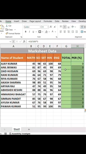 Calculate Percentage of Students Marks in Excel #excel #exceltips #exceltutorial #msexcel #shorts