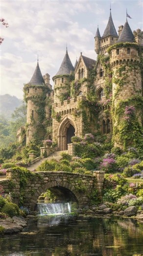 4K Springtime Castle Courtyard. Serene and Relaxing, for Meditation and Relaxation.