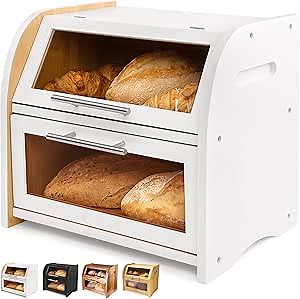 Arise Stylish Bamboo Bread Box for Kitchen Countertop, Extra Large 2-Shelf Wooden Bread Storage Container with Clear Windows and Air Vents Keep Bread, Bagels and Rolls Fresh, Self Assembly