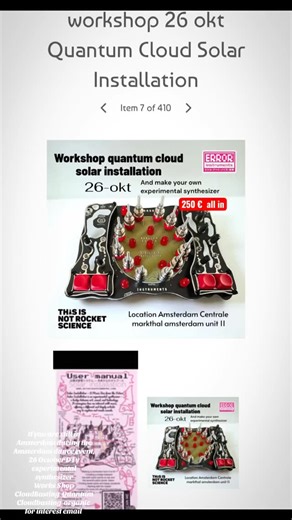 If you’re in Amsterdam during the Amsterdam dance event .Errorinstruments Presents: Quantum Clouds Workshop 🌍 Amsterdam — Sunday, 26 October 2025 📍 Unit 11, Centrale Markthallen 170, 1051 LJ Amsterdam ⸻ 🔮 Quantum Clouds Solar Installation This is not just another machine — full experimental synthesizer and it’s an FX processor that reacts to light, creating a dialogue between sound and environment. • Light-sensitive modules: your sound changes when exposed to light or shadows. • Deep experime