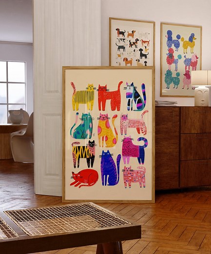 Whimsical Cat Art Print, Abstract Cat Wall Art, Modern Pop Art Cats Print, Whimsical Animal Poster, Colorful Cat Wall Art, Digital Download - Etsy