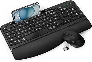 Wireless Keyboard and Mouse Combo, Wave Keys Full-Sized Ergonomic Keyboard with Cushioned Plam Rest, Phone Holder, Comfortable Natural Typing, 2.4G Cordless Set for Computer, Laptop, PC, Mac, Windows