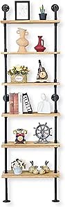 Industrial Pipe Wall-Mounted Bookshelf, 6-Tier Ladder Shelf with Metal Frame, Rustic Wood Shelves for Home Office and Living Room Décor (6 Tier - 10" D x 24" W x 82.5" H)