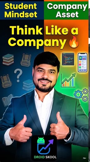 Droid Skool on Instagram: ""Most people are learning Android development with a student mindset. Companies do not hire students. They hire problem solvers. If you want growth, your Android course must teach you how to think like a company asset. A strong Android app development course focuses on real users, real crashes, and production-ready apps. A complete mobile app development course should guide you through the Android developer roadmap and show how to become an Android developer companies 