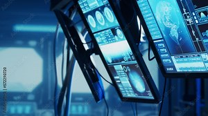 Futuristic spaceship control panel interface. Spacecraft digital dashboard background with indicators and tools. The concept of space exploration and science.