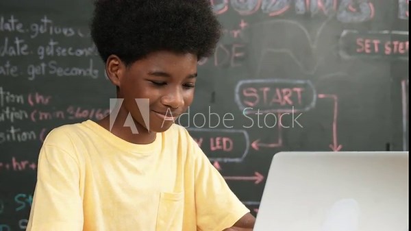 Smart african student programming and coding innovative system while caucasian girl enter in metaverse or virtual world by using VR or head set at blackboard in STEM technology classroom. Edification