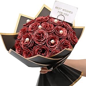 Waipfaru Red Glitter Roses Bouquet, DIY Fake Flowers Bouquet, Everlasting Shiny Artificial Rose Bouquet for Valentines, Anniversary, Engagement, Wedding, 24 Roses