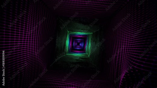 Seamless looping animation with smooth camera movement through an abstract grid tunnel. Futuristic wireframe corridor with depth and perspective. 10 second seamless loop.