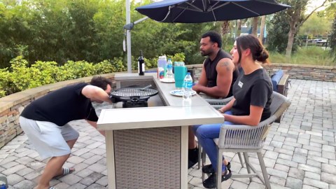 Domi Patio Bar Table, Outdoor Aluminum PE Wicker Bar Cart with Cabinet, All Weather Use Storage Patio Cabinet for Patio Kitchen or Bar Cart, Wood Grain