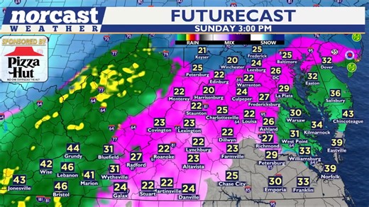 FUTURECAST | Warmer air is taking over, so sleet and freezing rain are likely to arrive earlier than expected. It wouldn’t be surprising to see sleet reported from Charlottesville through Louisa and possibly as far north as Fredericksburg by sunrise. Pay close attention to the southwest — especially Roanoke, Tazewell, and Bristol. Roanoke should stay in the lower 20s, but areas just west of I-77 could surge into the mid-40s. This future radar only runs through mid-afternoon Sunday, so there are 