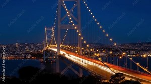 Akashi kaikyo bridge glows in the dark, reflecting on the water. Perfect for travel brochures, night scenery, and engineering articles.