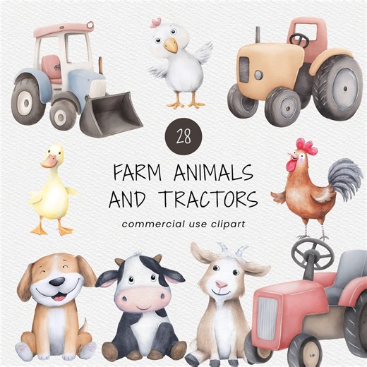 Farm Animals and Tractors Clipart Pack for Commercial Use, Watercolor Farm PNG Set, Cute Barnyard Graphics (digital Download) - Etsy
