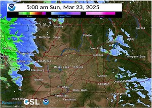 The next system will bring more rain & mtn snow today; chances linger into Monday. Here's one model depiction of the precipitation thru Monday PM. Winter weather advisory in effect to 11 AM PDT today at Cascade crest. Detailed forecast at www.weather.gov/spokane #wawx #idwx | US National Weather Service Spokane Washington
