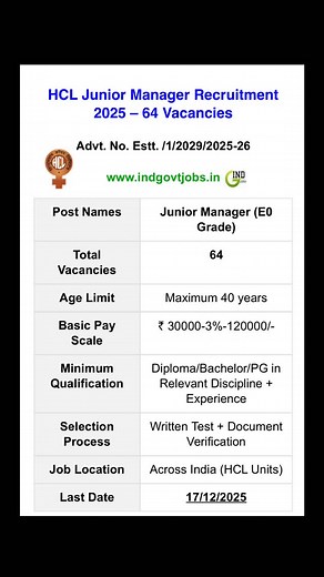 ✅ Hindustan Copper Limited Junior Manager Recruitment 2025 Apply Online for 64 Posts | Last Date 17 December 2025 👉 https://www.indgovtjobs.in/2025/11/hindustan-copper-limited-junior-manager.html #jobalert #govtjobs #indgovtjobs #sarkarinaukri #psu #hindustancopperlimited | Ind Govt Jobs
