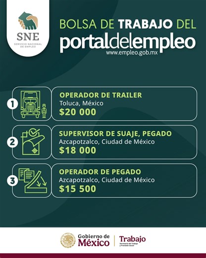 📢 ¿Estás en busca de trabajo? 💼 Revisa estas vacantes del Servicio Nacional de Empleo, ¡te pueden interesar! ✅ Conoce aquí 👇 los requisitos y postúlate: 1⃣ https://acortar.link/e96oel 2⃣ https://acortar.link/w8Gmfw 3⃣ https://acortar.link/ZKWWBz | Secretaría del Trabajo y Previsión Social