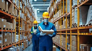 When preparing orders, stockroom staff wear protective dungarees and helmets.