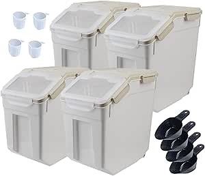 Flour Storage Containers Bin 25lbs, 4Pack Airtight BPA Free Rice & Food Dispenser with Measuring Cup, Scoop - Kitchen Pantry Organizer for Flour, Rice, Grain, Cereal, Pet Food (Gray)