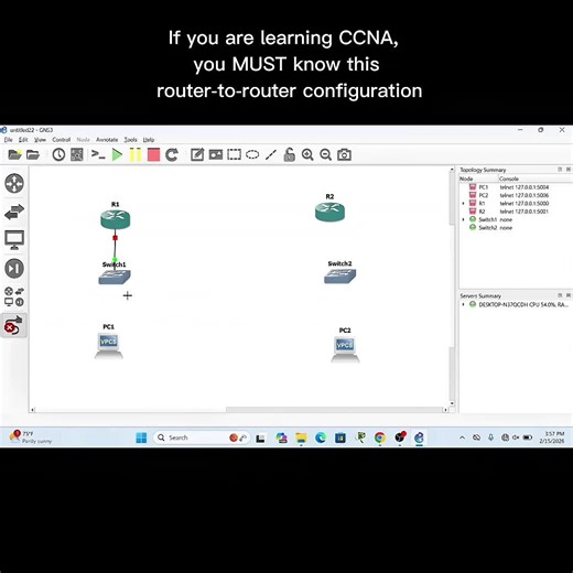 GNS3 Router to Router Configuration Lab | CCNA Routing Practical | NaqibSkills GNS3 Router to Router configuration full lab 🔥 Learn how to connect R1 to R2 with switches and PCs step by step. Perfect for CCNA & CCNP beginners. ✔ IP addressing ✔ Routing configuration ✔ End-to-end connectivity ✔ Real practical demo Follow @NaqibSkills for daily networking labs 🚀 Comment ‘LAB’ and I will send full commands. #cisco #ccna #naqibskills #ccnp #computernetwork