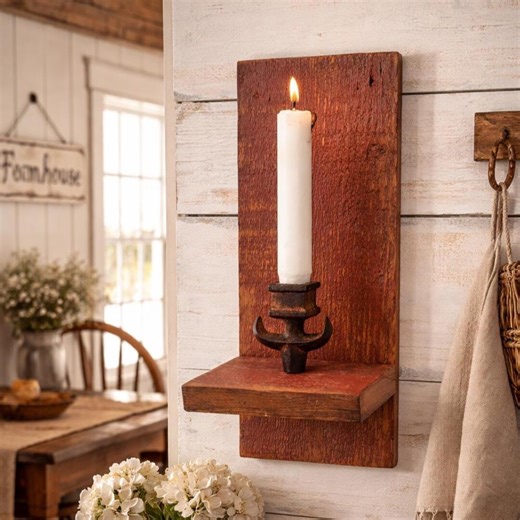 A PAIR of Rustic Red Barnwood Candle Holder Sconces. Upcycled Bydejadesigns. - Etsy