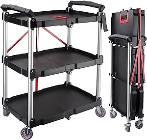 EBANKU Folding Collapsible Service Cart, Heavy Duty 3-Shelf Rolling Tool Cart, Supports Up to 150 lbs for Warehouse Storage, Garage, Cleaning