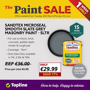 Enhance your home's elegance with Sandtex Ultra Smooth Grey Masonry Paint! Specially crafted for a durable, long-lasting finish, this paint is a game-changer. Featuring microseal technology, it keeps surfaces dirt-resistant, breathable, and waterproof, providing long-term protection for your cherished abode. More colours available! Visit your local Topline store to shop the Paint Sale until Monday June 5th or while stocks last! | Topline