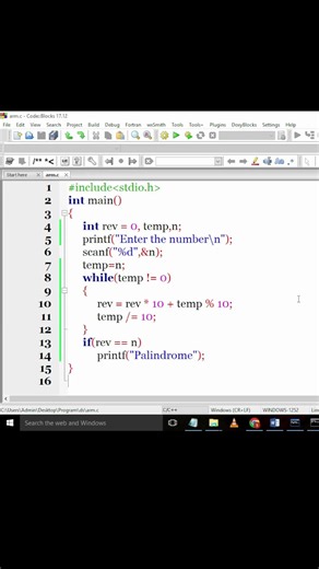 Palindrome number in c easy way #shorts #coding #cprogramming #correctcoding #programming #codingba