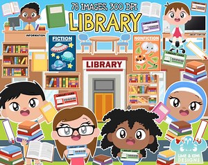 Library Clipart, Black and White, Digital Stamps, Public Library, Liberian, Computer Desk, Learning Kids, Reading Kids, Bookmark, Poster - Etsy