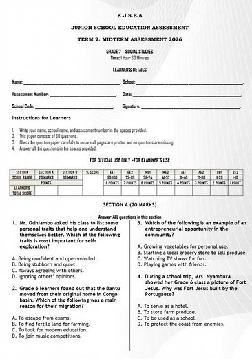 Grade 7 Social Studies Mid Term 2 2026 Exam with Marking Scheme