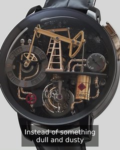The timing mechanisms and the on-demand oil derrick automaton of the Jacob & Co. Oil Pump Black DLC timepiece are powered by manual winding JCAM33 caliber with a double-axis tourbillon that rotates in 60 seconds and 2.5 minutes. The dial base is a grill evocative of oil rigs. The oil derricks come to life on demand with a push of button placing further emphasis on the pipes, barrel, and power reserve in the form of an oil pressure gauge that make up the oil industry themed timepiece.#jacobandco 