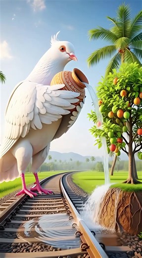 Big pigeon pours water on a plum tree drying up in the hot sun on therailway track #ai #pigeon#creatorsearchinsights #storytime #trending #fyp