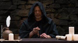 Old monk in cassock holding Catholic rosary in his hand and reciting a prayer against the background of a dark stone wall, dark tone.