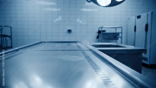 Sterile Surgical Operating Room - A sterile hospital operating room with a focus on an empty stainless steel surgical table, surrounded by bright overhead lights and medical equipment.