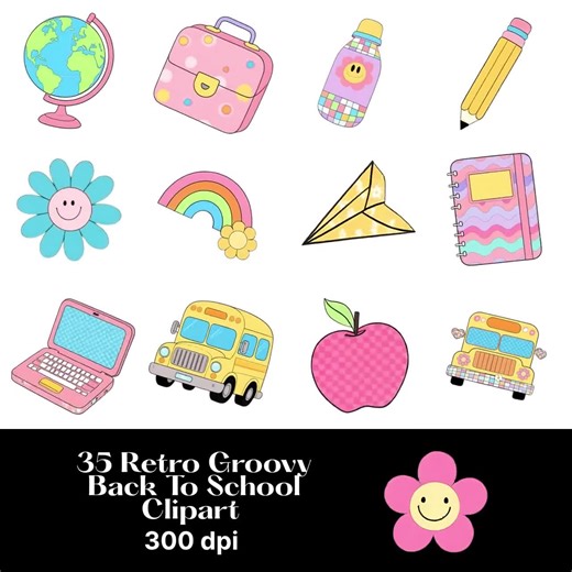 Groovy School Clipart Bundle, Retro Back to School Supplies Clip Art, Cute Teacher Png Sublimation & POD, Commercial Use - Etsy