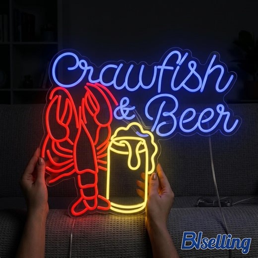 Personalized Crawfish & Beer Neon Sign, Custom Seafood Bar LED Wall Art, Restaurant Decor