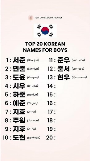 20 korean boy names (most popular) 🇰🇷\n\n👉 Follow me if you want to learn korean ❤️\n\n#korean #learnkor