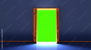 Classic design door opening to green screen, chroma key. 4K Video. Flight forward, entering inside the doorway. Modern minimal concept.