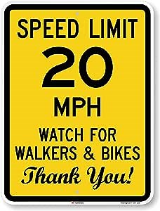 SmartSign 24 x 18 inch “Speed Limit 20 MPH - Watch For Walkers And Bikes, Thank You” Metal Sign, 80 mil Aluminum, 3M Laminated Engineer Grade Reflective Material, Black, Silver and Yellow, USA-Made