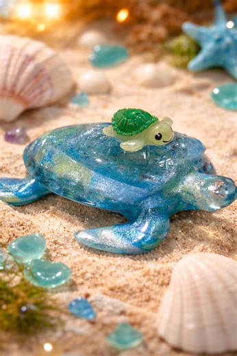 Ocean Resin Sea Turtle Decor with Real Shells | Coastal Beach Art | Handmade Nautical Turtle | Beach House Shelf Decor