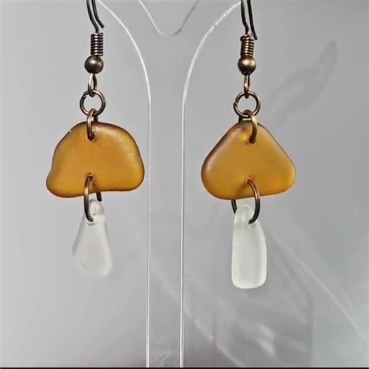 Amber & Clear Sea Glass Mushroom Earrings | Beach Glass Jewellery | Coastal Boho Dangle Earrings With Antique Bronze | Ocean Lover Gift - Etsy