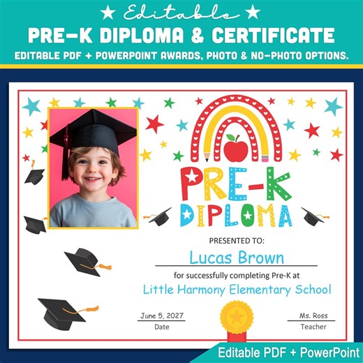 Editable Pre-k Graduation Diploma & Certificate Set, Printable Awards With Photo + No-photo Options, Edit in PDF, Powerpoint, Also in Canva - Etsy Canada
