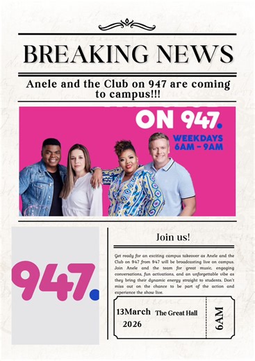 WITSIES… ARE YOU READY?! 🔥🎧 #947VarsityInvasion 2026 is pulling up on our campus NEXT WEEK FRIDAY (13 March) and it’s about to be 3 hours of pure chaos, insane vibes, and epic prizes with @aneleandtheclubon947 live at Wits. Tag your crew. Clear your schedule. Charge your phones. We’re not just attending… we’re TAKING OVER. 💥 #947VarsityInvasion #WitsUniversity | Wits - University of the Witwatersrand